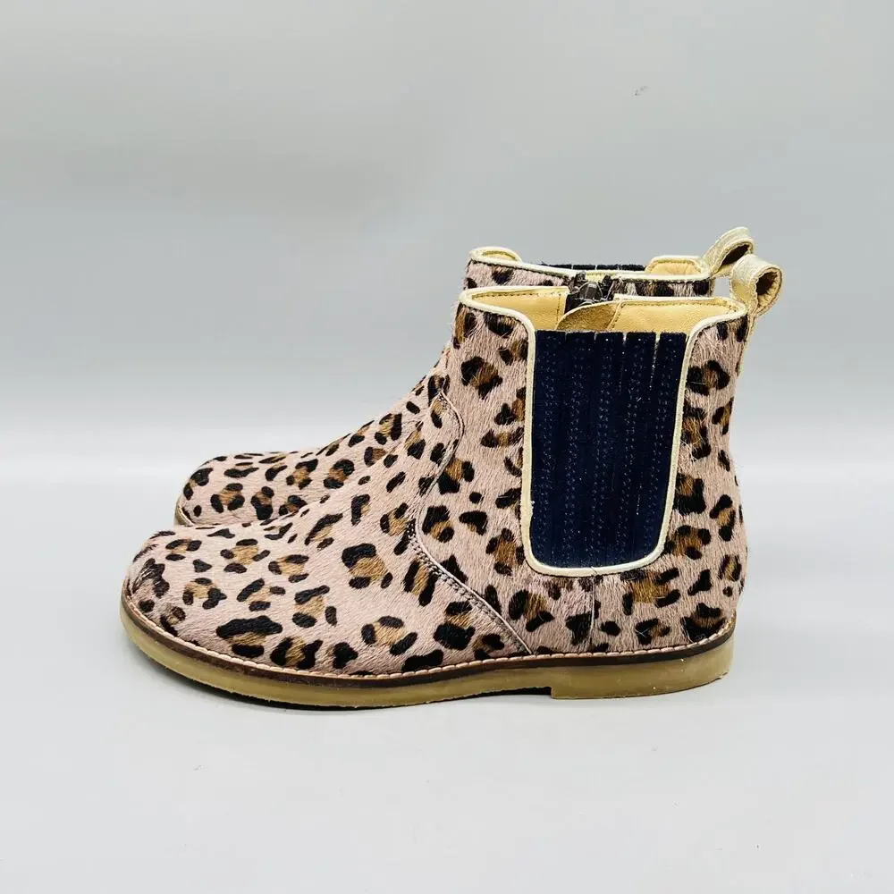 Mini Boden Boots Girls 1 Brown Leopard Print Calf Hair Chelsea Ankle Zip Shoes